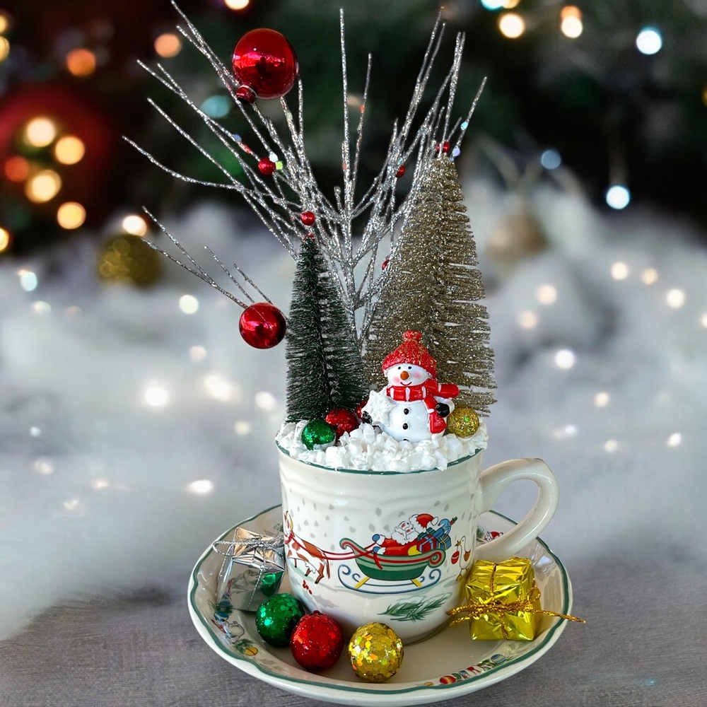 Christmas Home Decor in Xmas Stoneware Cup & Saucer Centerpiece Gift Idea